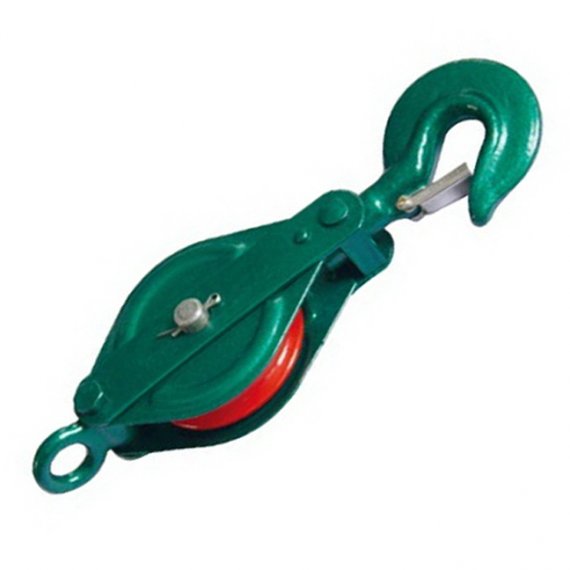 Single safety pulley block with hook
