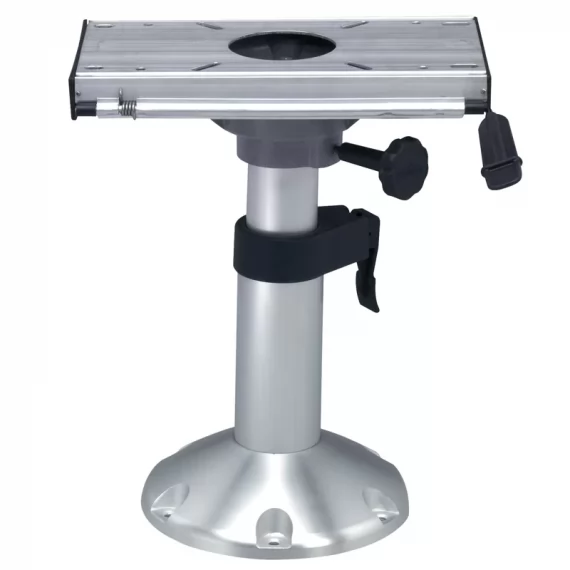 Adjustable gas pedestal with slide swivelling plate with lock