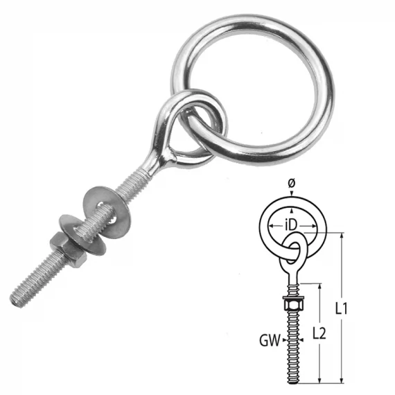 Plain ring bolt with washer & nut inox